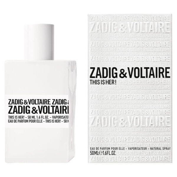 A 50ml bottle and box of Zadig & Voltaire This is Her EDP Spray for Women, showcasing minimalist white packaging with black text.