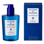 Two blue bottles and boxes of Acqua di Parma Blu Mediterraneo Mirto di Panarea Hand & Body Wash, 300ml each, unisex.