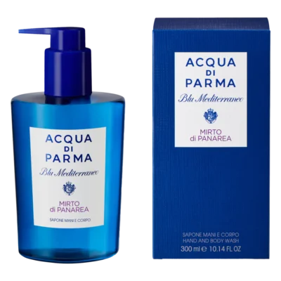 Two blue bottles and boxes of Acqua di Parma Blu Mediterraneo Mirto di Panarea Hand & Body Wash, 300ml each, unisex.