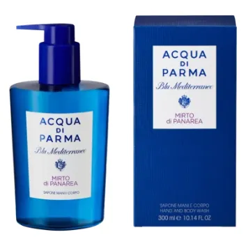 Two blue bottles and boxes of Acqua di Parma Blu Mediterraneo Mirto di Panarea Hand & Body Wash, 300ml each, unisex.