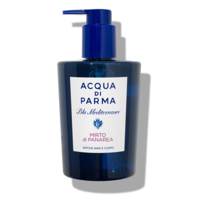 Two blue 300ml pump bottles of Acqua di Parma Blu Mediterraneo Mirto di Panarea Hand & Body Wash for unisex, shown on a white background.