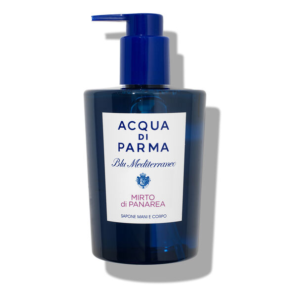 Two blue 300ml pump bottles of Acqua di Parma Blu Mediterraneo Mirto di Panarea Hand & Body Wash for unisex, shown on a white background.