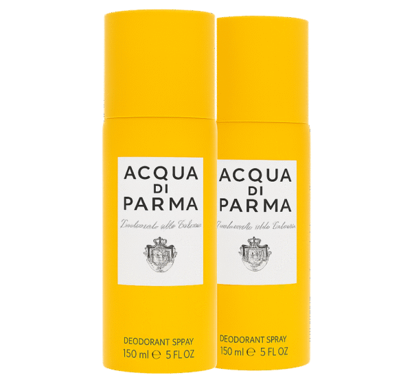 Two 150ml bottles of Acqua di Parma Colonia Deodorant Spray, Unisex, shown side by side with yellow packaging and black text labels against a white background. Two 150ml bottles of Acqua di Parma Colonia Deodorant Spray, Unisex, shown side by side with yellow packaging and black text labels against a white background.
