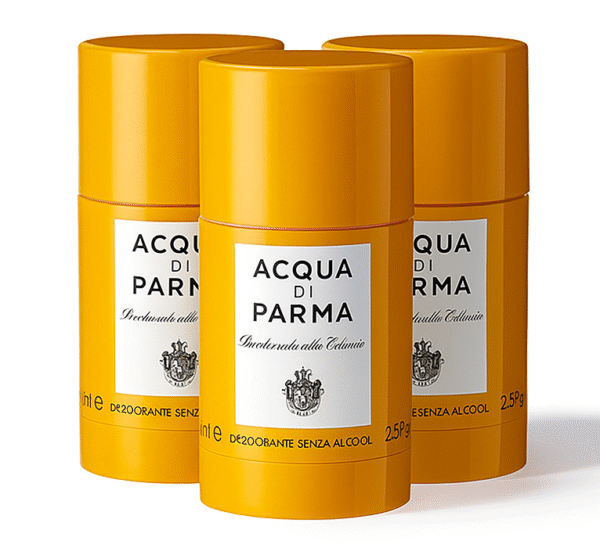 Three Acqua di Parma Colonia Deodorant Sticks, unisex 75ml each, with yellow cylindrical packaging and white labels, are arranged on a white background.