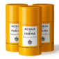 Three Acqua di Parma Colonia Deodorant Sticks, unisex 75ml each, with yellow cylindrical packaging and white labels, are arranged on a white background.
