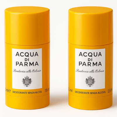 Three yellow cylindrical Acqua di Parma Colonia Deodorant Sticks, unisex 75ml each, with white labels are standing side by side on a white background.
