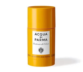 A set of three yellow cylindrical "Acqua di Parma Colonia" deodorant sticks, each unisex and 75ml, displayed against a white background.
