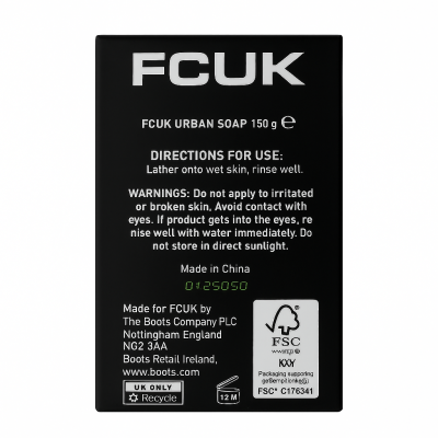 Back of a 3x Fcuk Urban Bar of Soap 150g pack shows usage directions, warnings, manufacturing info, recycling symbols, and FSC certification.