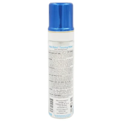 Three bottles of Fake Bake Eau de Bronzage Tanning Water Spray, 198ml each, with blue caps are pictured, displaying detailed product information and usage instructions on the back labels.