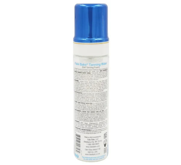 Three bottles of Fake Bake Eau de Bronzage Tanning Water Spray, 198ml each, with blue caps are pictured, displaying detailed product information and usage instructions on the back labels.