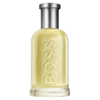 A 200ml clear glass bottle of Hugo Boss Bottled EDT for Men, featuring yellow liquid, a silver cap, and “BOSS” embossed vertically on the front.