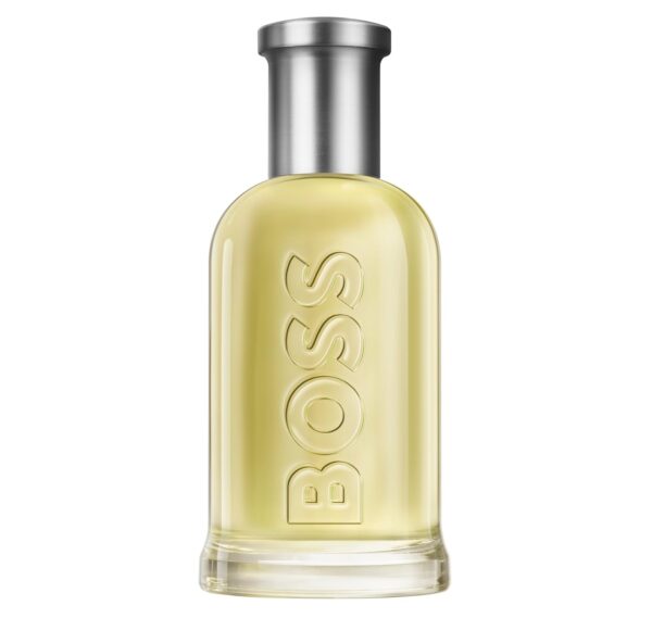 A 200ml clear glass bottle of Hugo Boss Bottled EDT for Men, featuring yellow liquid, a silver cap, and “BOSS” embossed vertically on the front. A 200ml clear glass bottle of Hugo Boss Bottled EDT for Men, featuring yellow liquid, a silver cap, and “BOSS” embossed vertically on the front.