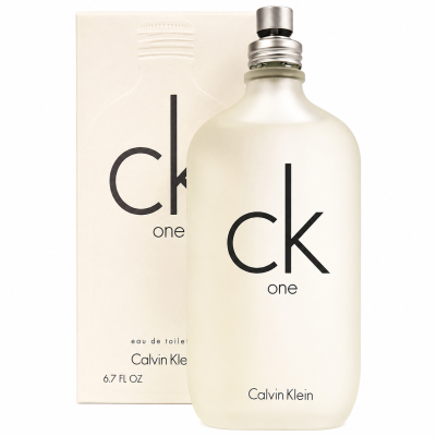 A frosted glass bottle of CK One EDT 100ml, Calvin Klein CK One Eau De Toilette for Unisex Men and Women, is displayed in front of its cream-colored box, with both featuring the "ck one" logo in black text.