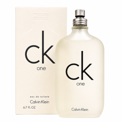 A clear frosted bottle of CK One EDT 100ml, Calvin Klein CK One Eau De Toilette for Unisex Men and Women, is pictured beside its matching box featuring minimalist black text on a light background.