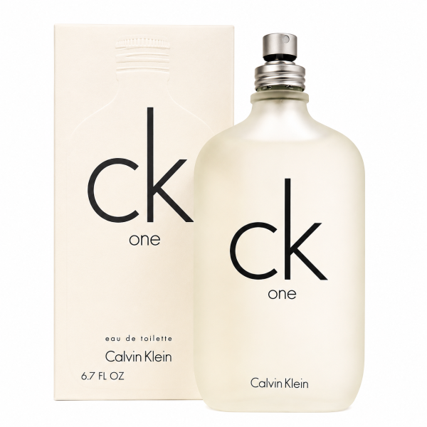 A clear frosted bottle of CK One EDT 100ml, Calvin Klein CK One Eau De Toilette for Unisex Men and Women, is pictured beside its matching box featuring minimalist black text on a light background.