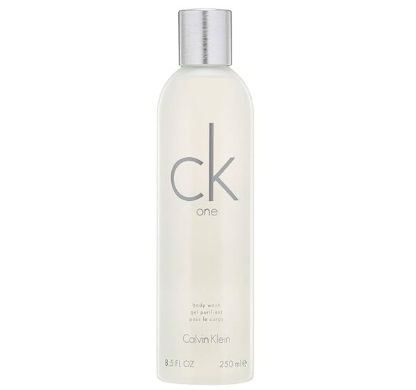 A 250ml bottle of CK One Unisex Shower Gel Body Wash, featuring a silver cap and minimalist white label.