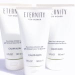 Three 150ml tubes of Calvin Klein Eternity for Women Shower Gel are displayed upright against a white background.