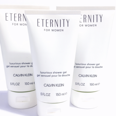 Three 150ml tubes of Calvin Klein Eternity for Women Shower Gel are displayed upright against a white background.