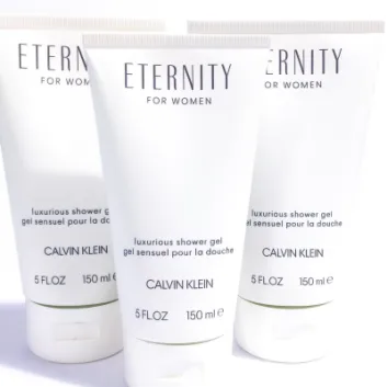 Three 150ml tubes of Calvin Klein Eternity for Women Shower Gel are displayed upright against a white background.