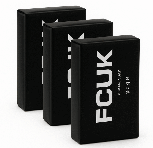 Three 150g bars of Fcuk Urban Soap are arranged in a staggered line against a white background. Three 150g bars of Fcuk Urban Soap are arranged in a staggered line against a white background.