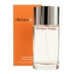 A clear glass bottle of Clinique Happy EDP 30ml for Women, Eau de Parfum, with a silver cap is displayed in front of its orange box packaging.