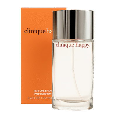 A clear glass bottle of Clinique Happy EDP 30ml for Women, Eau de Parfum, with a silver cap is displayed in front of its orange box packaging.