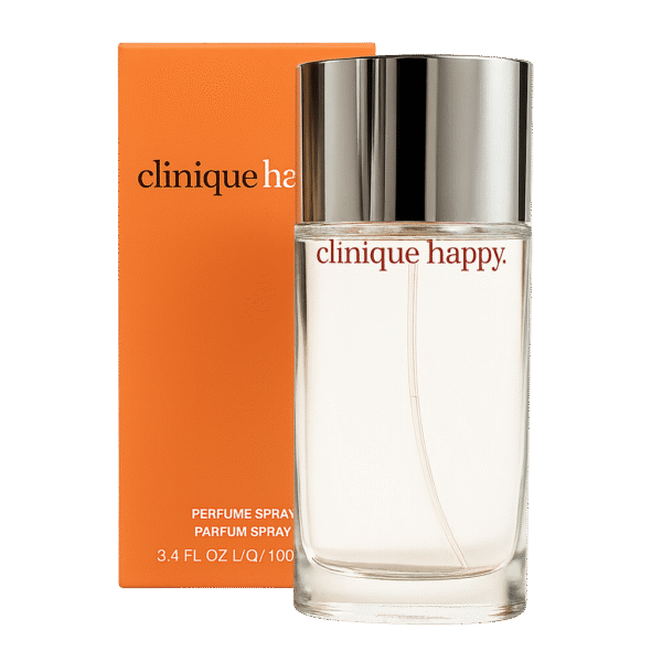 A clear glass bottle of Clinique Happy EDP 30ml for Women, Eau de Parfum, with a silver cap is displayed in front of its orange box packaging. A clear glass bottle of Clinique Happy EDP 30ml for Women, Eau de Parfum, with a silver cap is displayed in front of its orange box packaging.