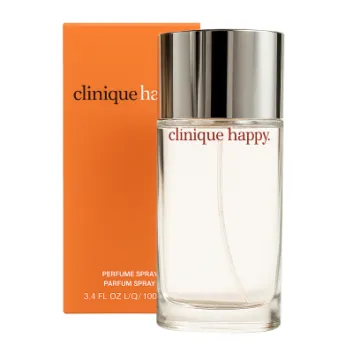A clear glass bottle of Clinique Happy EDP 30ml for Women, Eau de Parfum, with a silver cap is displayed in front of its orange box packaging.