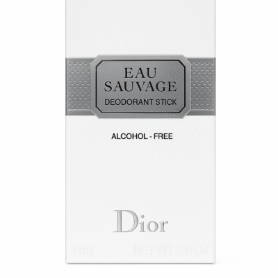A set of three white rectangular Dior Eau Sauvage Deodorant Sticks for Men, 75ml each, labeled as alcohol-free, with a gray band and silver text.