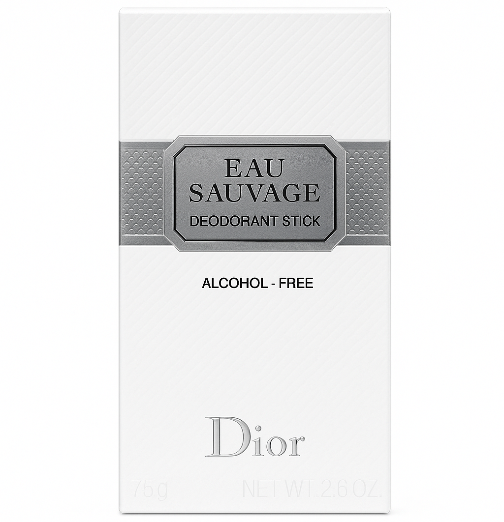 A set of three white rectangular Dior Eau Sauvage Deodorant Sticks for Men, 75ml each, labeled as alcohol-free, with a gray band and silver text.