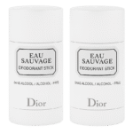 Three white cylindrical containers of Dior Eau Sauvage Deodorant Stick for Men, 75ml each, are shown side by side.
