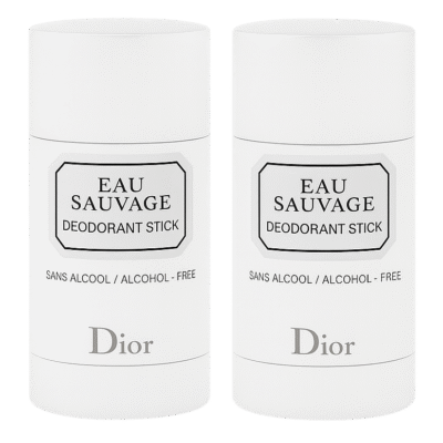 Three white cylindrical containers of Dior Eau Sauvage Deodorant Stick for Men, 75ml each, are shown side by side.
