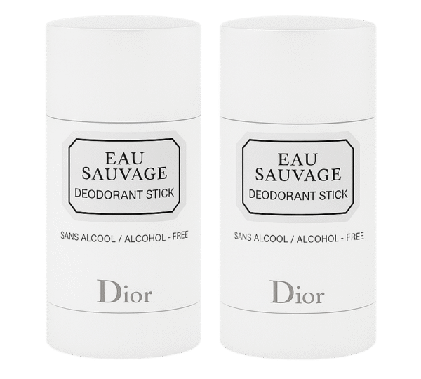 Three white cylindrical containers of Dior Eau Sauvage Deodorant Stick for Men, 75ml each, are shown side by side.