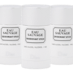 Three 75ml Dior Eau Sauvage Deodorant Sticks for Men are displayed side by side against a white background, with each stick labeled "sans alcool / alcohol-free.