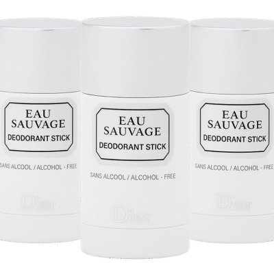 Three 75ml Dior Eau Sauvage Deodorant Sticks for Men are displayed side by side against a white background, with each stick labeled "sans alcool / alcohol-free.