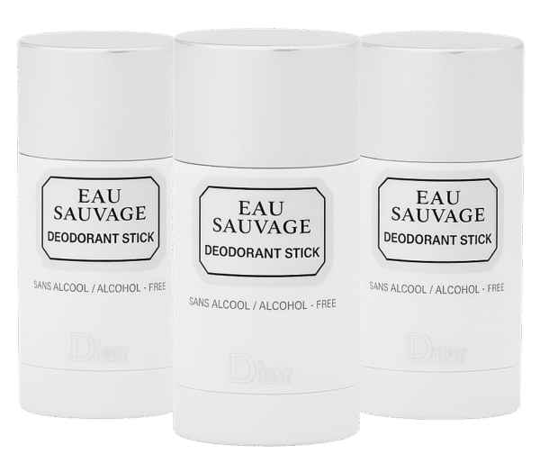 Three 75ml Dior Eau Sauvage Deodorant Sticks for Men are displayed side by side against a white background, with each stick labeled "sans alcool / alcohol-free. Three 75ml Dior Eau Sauvage Deodorant Sticks for Men are displayed side by side against a white background, with each stick labeled "sans alcool / alcohol-free.