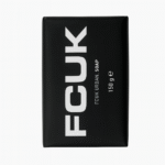 A rectangular black bar of soap in packaging labeled "Fcuk Urban Bar of Soap, 150g," featuring bold white text on the front.