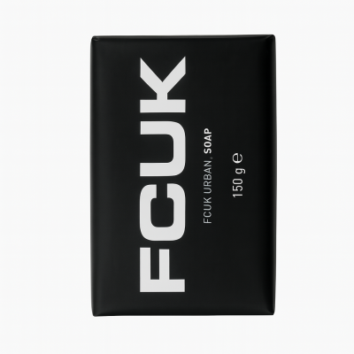 A rectangular black bar of soap in packaging labeled "Fcuk Urban Bar of Soap, 150g," featuring bold white text on the front.