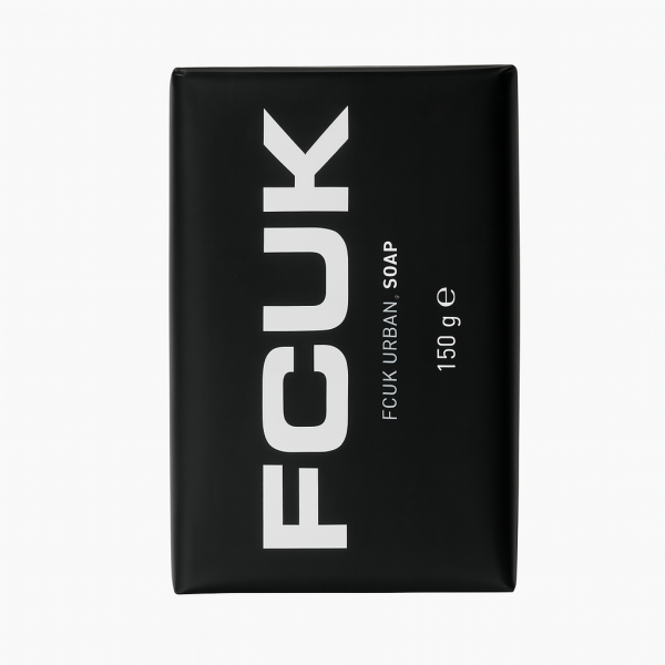 A rectangular black bar of soap in packaging labeled "Fcuk Urban Bar of Soap, 150g," featuring bold white text on the front.