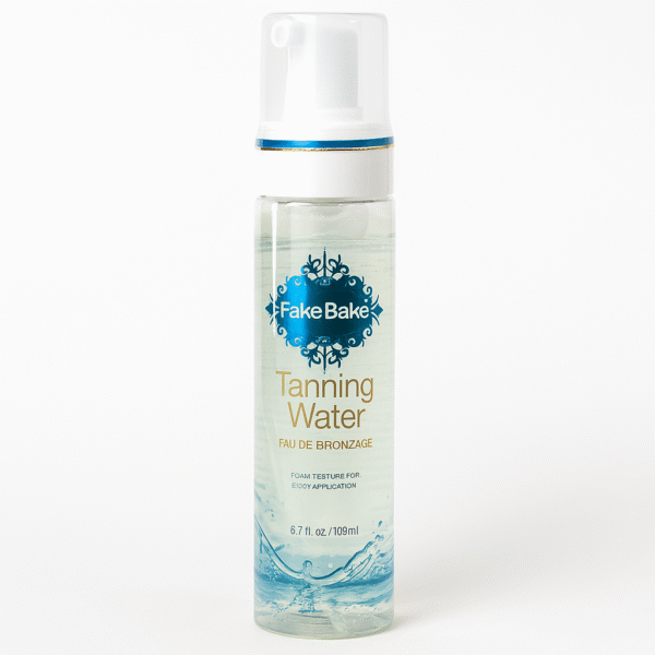 A clear bottle of 3x Fake Bake Eau de Bronzage Tanning Water Spray, 198ml, with a pump and blue label is displayed against a white background.