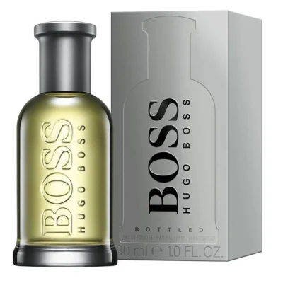 A bottle of Hugo Boss Bottled EDT for Men 200ml, Eau de Toilette (Copy), is shown beside its silver box on a white background.