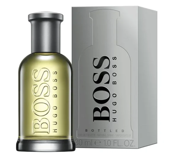 A bottle of Hugo Boss Bottled EDT for Men 200ml, Eau de Toilette (Copy), is shown beside its silver box on a white background. A bottle of Hugo Boss Bottled EDT for Men 200ml, Eau de Toilette (Copy), is shown beside its silver box on a white background.