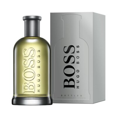 A 200ml bottle of Hugo Boss Bottled EDT for Men stands beside its matching silver box, both featuring "BOSS HUGO BOSS" in vertical lettering.
