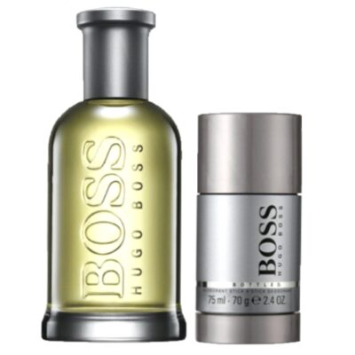The Hugo Boss Bottled Gift Set includes a 100ml EDT glass bottle and a 75ml deodorant stick, both with the iconic logo and metallic details, displayed side by side on a white background.