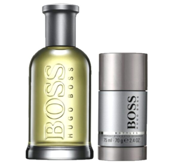 The Hugo Boss Bottled Gift Set includes a 100ml EDT glass bottle and a 75ml deodorant stick, both with the iconic logo and metallic details, displayed side by side on a white background.