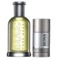 The Hugo Boss Bottled Gift Set includes a 100ml EDT glass bottle and a 75ml deodorant stick, both with the iconic logo and metallic details, displayed side by side on a white background.