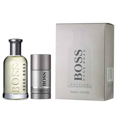 The Hugo Boss Bottled Gift Set includes a 100ml EDT and a 75ml deodorant stick, both presented alongside a branded packaging box.