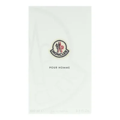 The Moncler Pour Homme Eau de Parfum Spray for Men, 100ml, comes in a white box featuring the Moncler logo, product name, and volume in a simple, minimalistic design.