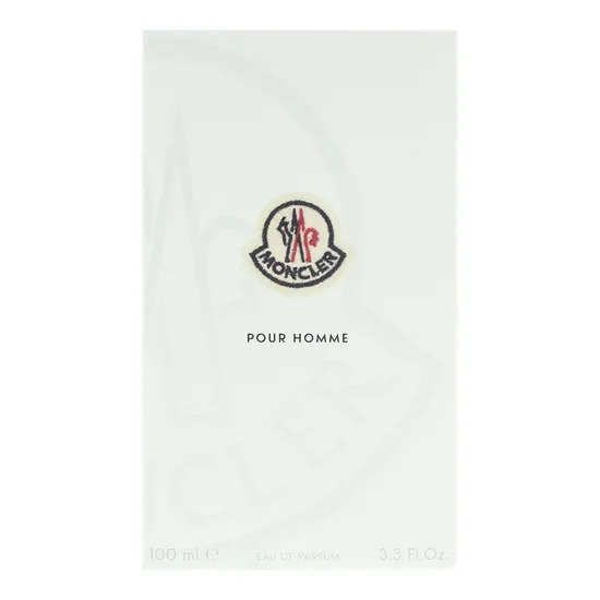 The Moncler Pour Homme Eau de Parfum Spray for Men, 100ml, comes in a white box featuring the Moncler logo, product name, and volume in a simple, minimalistic design.