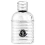 The Moncler Pour Homme Eau de Parfum Spray for Men (100ml) features a metallic, ribbed bottle with a cylindrical cap and the Moncler logo on the front.